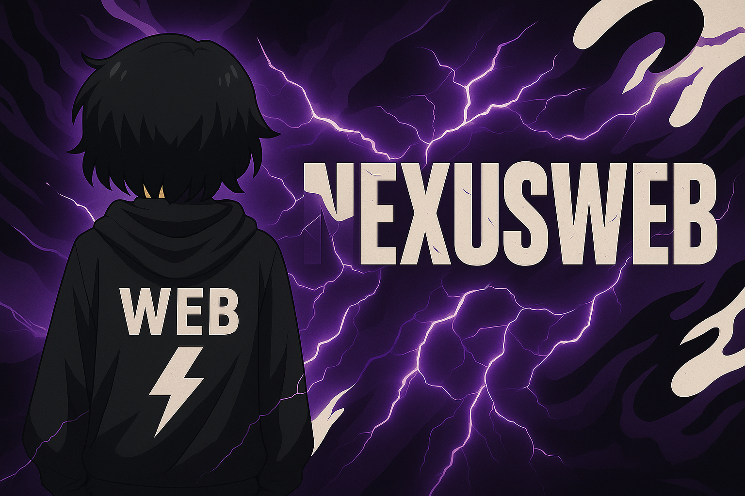 Banner do projeto Nexus Web com um personagem e raios roxos